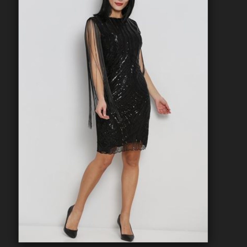 Black Tassel Sleeve boat neck sequin dress - Picture 3 of 6